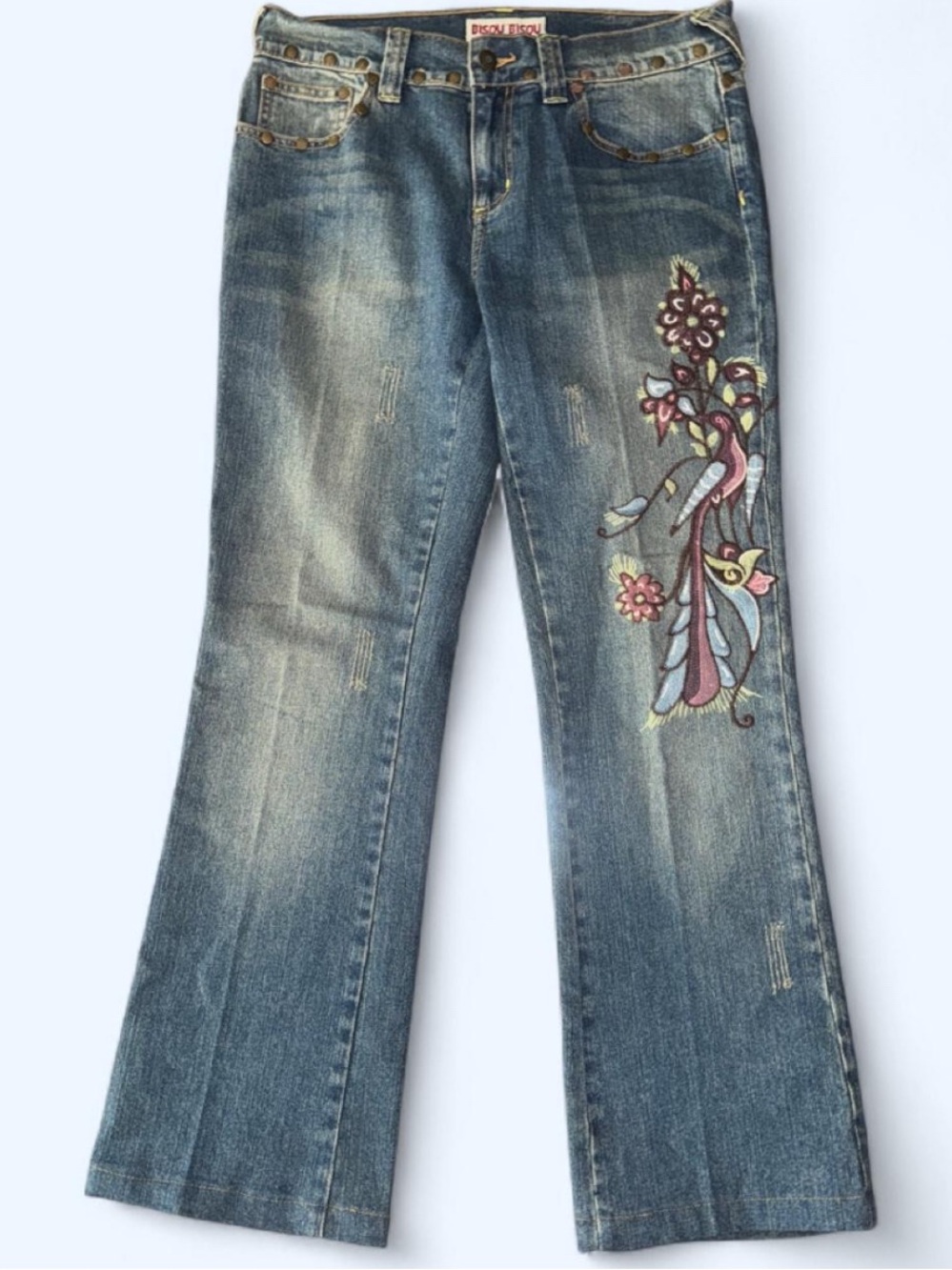 Y2K embroidered & metal stud Bisou Bisou bootcut jeans